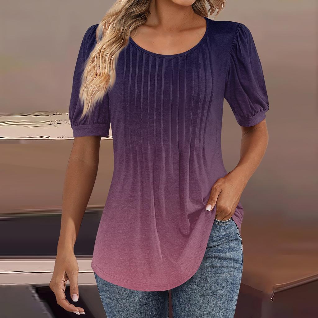 Женские пышные туники с короткими рукавами, топы, плиссированные блузки с воротником, повседневные свободные весенне-летние футболки