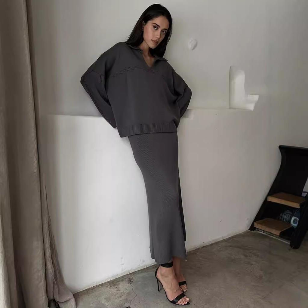 Женские комплекты из 2 предметов: свитер, юбка, повседневный трикотажный топ с длинным рукавом и V-образным вырезом, миди-платье, осенне-зимний трикотажный пуловер, облегающая юбка для женщин