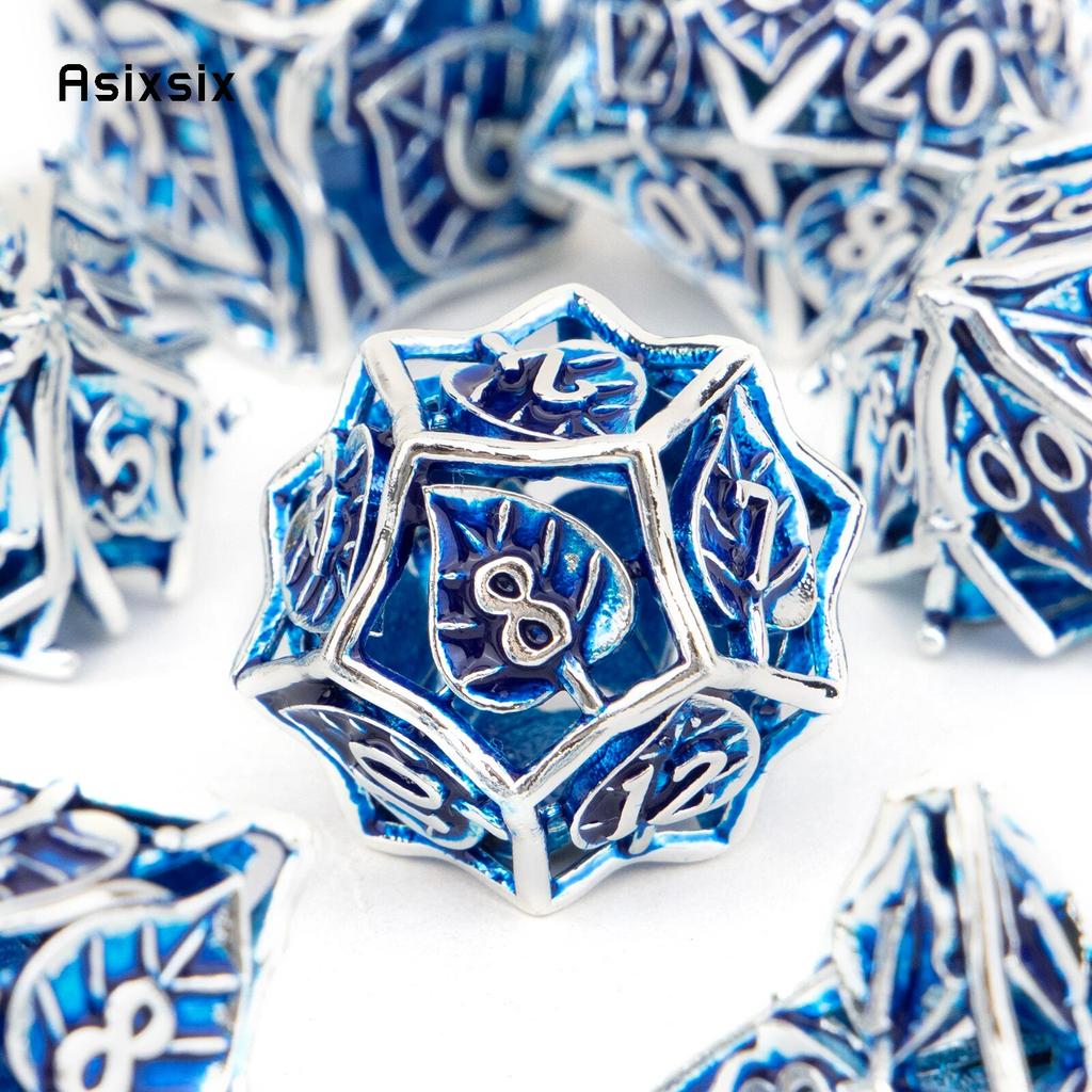 7 Pcs Blue Leaf Flower Metal Dice Hollow Metal Polyhedral Dice Set Suitable for Role-Playing RPG Board Game Card Game