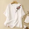 Summer Women's Cotton Linen Embroidered Short Sleeved T-shirt  Artistic Solid Color Pullover Small Shirt Cover The Belly Show Off Weight Loose Top
