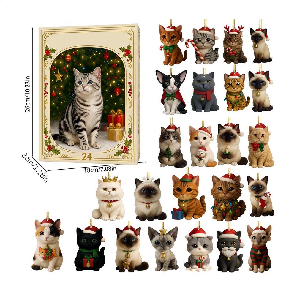 Advent Cat Calendar 2026 Christmas Advent 24-Day Cute 2d Cat Pendant Decorative Charm Countdown Calendar for Pet Lovers