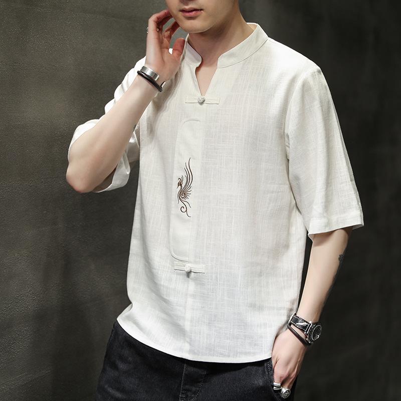 Мужская летняя однотонная повседневная футболка в китайском стиле с короткими рукавами, молодежная тонкая вышитая блузка с V-образным вырезом