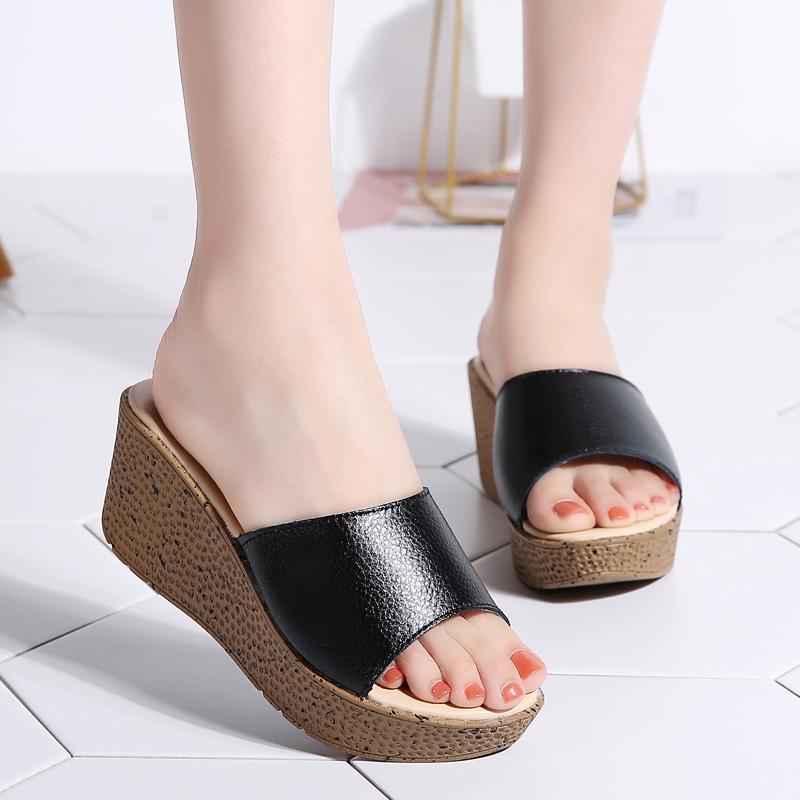 Летний кожаный спуск с женскими тапочками, босоножки на толстой подошве, босоножки на высоком каблуке, женская обувь на высоком каблуке
