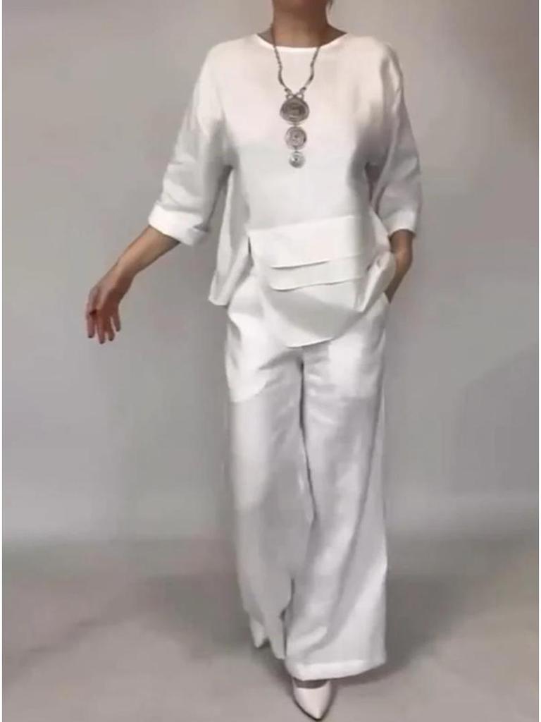 Летний европейско-американский однотонный комплект женской моды с карманом и круглым вырезом