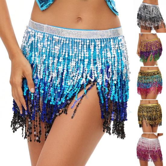 Belly Dance Skirt Layer Tassel Hip Scarf with Sequins Bohemian Elastic Waist Wrap Party Club Indian Latin Hula Dancer Performance Dress for Women