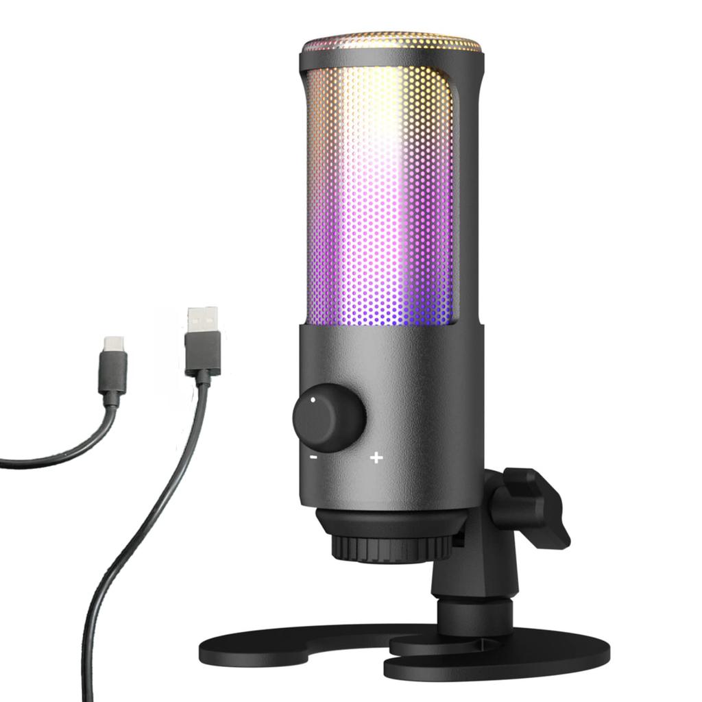 USB-конденсаторный микрофон Fujirec, Игровой микрофон, Проводной USB-микрофон, RGB, Однонаправленный, Низкий уровень шума, Интеллектуальное шумоподавление, Регулятор громкости,