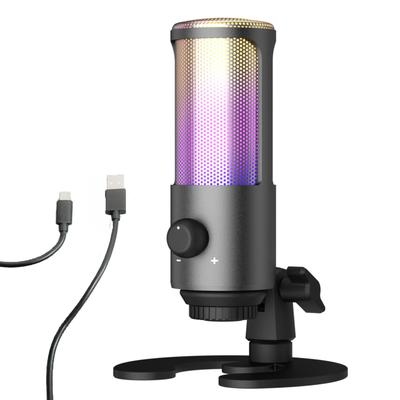 Конденсаторный USB-микрофон Fujirec, игровой микрофон с однонаправленной RGB-подсветкой, ручкой регулировки громкости, разъемом для наушников с выключателем звука и кабелем USB-C