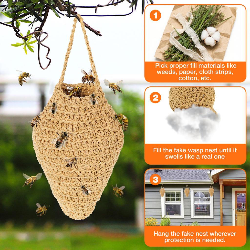 3 Pcs Crochet Wasp Nest Decoy Cotton Rope Hanging Faux Wasp Nest Deterrent for Outdoor Patio Garden Yard Eaves Decoration
