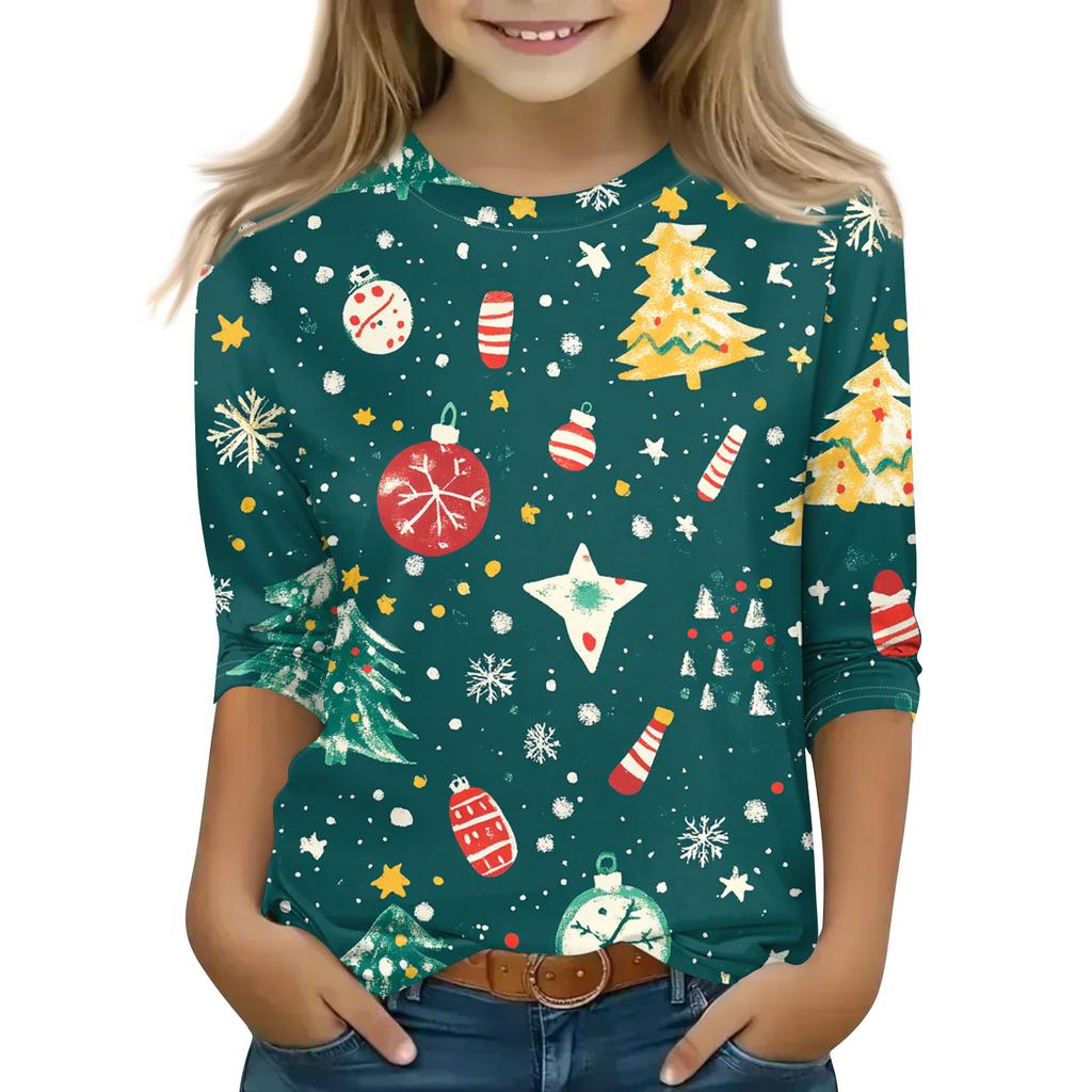 Christmas Day Print Tops For Youth Girls 4-11 Years Round Neck 3/4 Sleeves T-Shirts Trendy Tops Outfit Tees