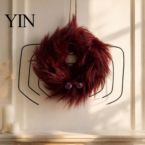 Halloween Wall Hanging Ornaments Fluffy Wreath for Front Door, Cute Furry Spider Fall Home Decor Wreaths with Pom Poms Party Fireplace Decorative