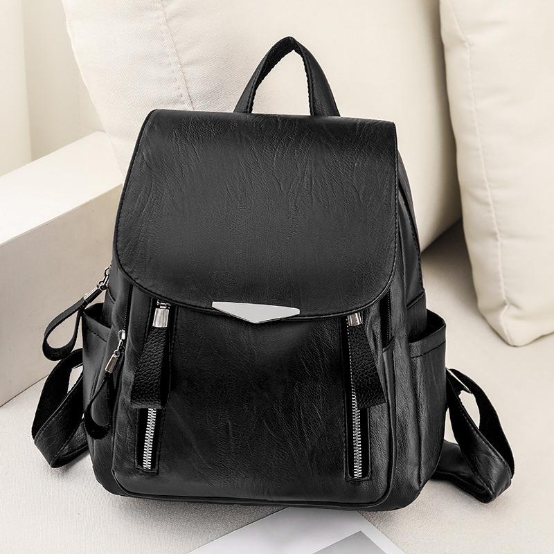 Women's Flap Backpack Solid Color PU Leather Large Capacity Female Daypack Backpack Rucksacks Casual Travel School Bag