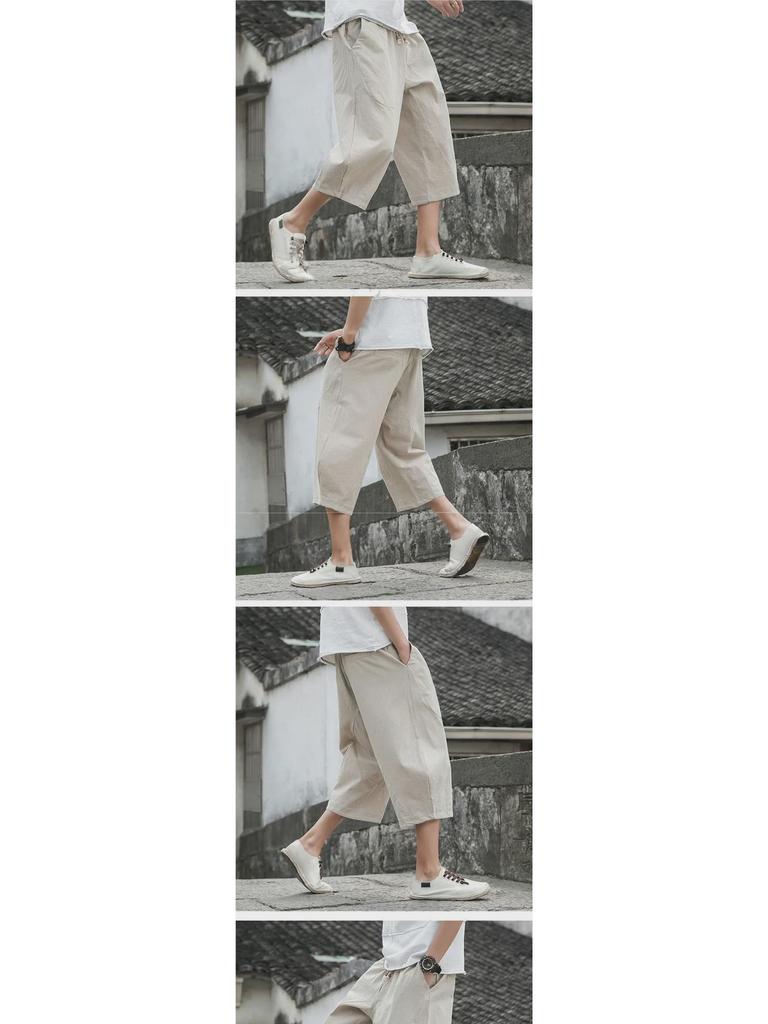 Мужские укороченные брюки широкого кроя из серого хлопка и льна в китайском стиле - летние, свободного кроя, большого размера