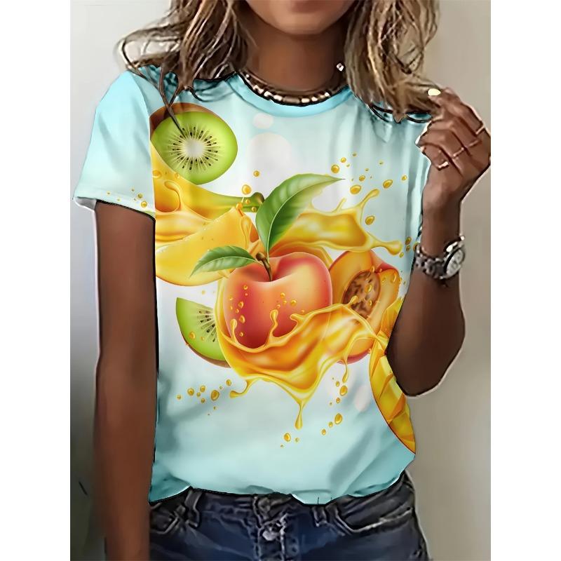 2025 Summer Round Neck Women's T-Shirt Casual Loose Simple Design Top Fashion 3d Printed Fruit Pattern Short Sleeve T-Shirt