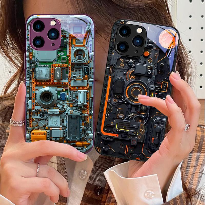 Механическое устройство черное Для IPhone 16 Pro Max 15 Pro 14 13 12 Mini 11 XS Max XR 7 8 Plu SE 2022 Закаленное стекло Чехол для телефона