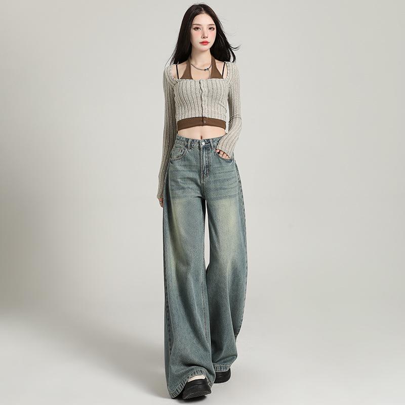 Женские белые джинсы с широкими штанинами и высокой талией, с драпировкой — свободный покрой в корейском стиле на осень