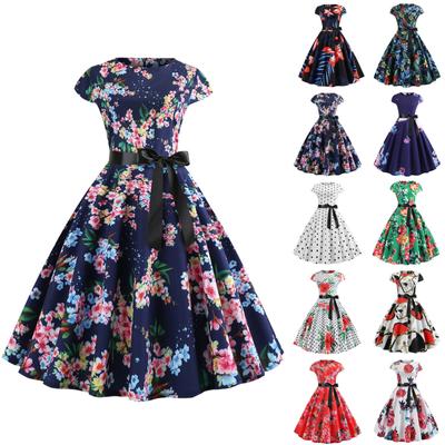 Женское винтажное платье со шнуровкой и короткими рукавами с принтом