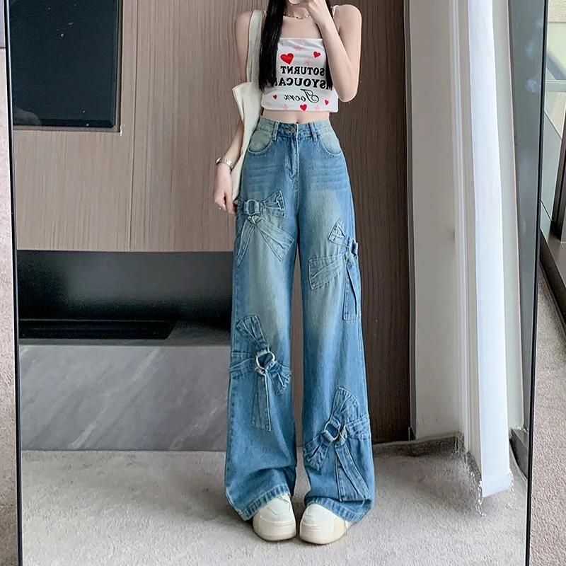 Women Blue Bow Jeans Harajuku Y2k Japanese 2000s Style Aesthetic Baggy Denim Trousers Oversize Jean Pants Vintage Trashy Clothes