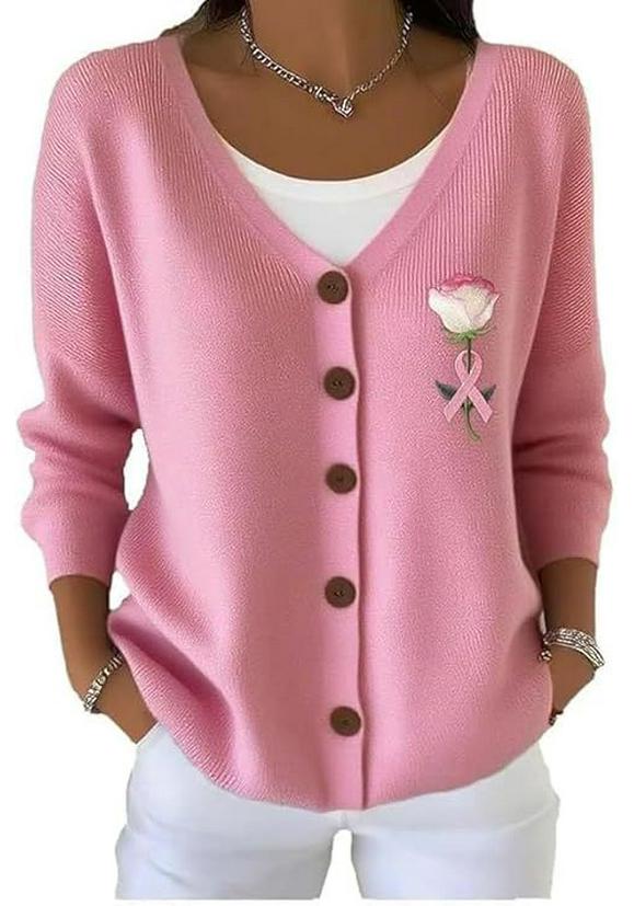 V-Neck 5-Button Printed Cardigan Sweater
