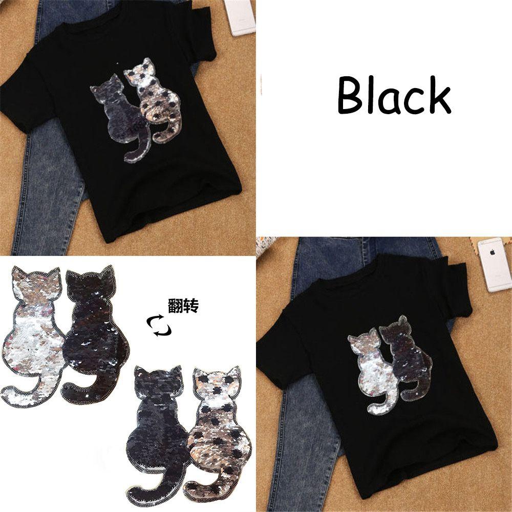 Cute Sewing Coat Jeans Applique Reversible Color Sequins Cat Patch DIY Clothes