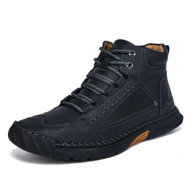 2025 New Large Size Men's Leather Boots Fashion Hand-stitched Ankle Boots Flat Short Boots Lace-up Casual Shoes