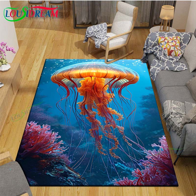 Marine Fish, Sea Turtles, Jellyfish Printed Carpet Outdoor Area Rug Non -slip Carpet Bedroom Decor Carpet for Living Room Gift