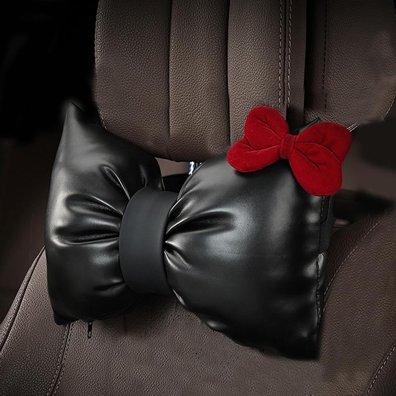 1Pc Fashion Red Bowknot Pu Leather Car Neck Pillow Auto Bow-Shaped Headrest Seat Support Waist Pillows Car Interior Accessories