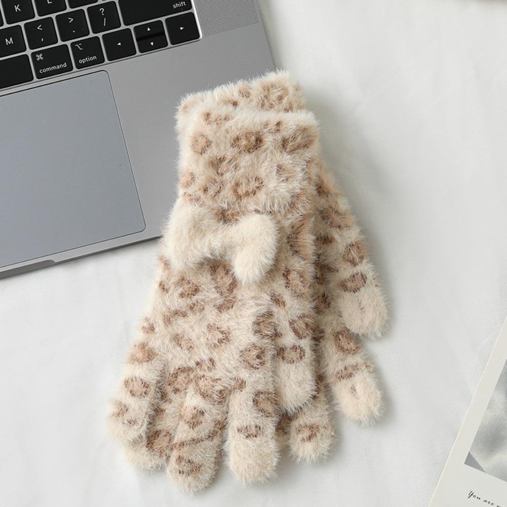 Keep Warm Five Finger Gloves Leopard Print Winter Mittens New Bow Gloves Women