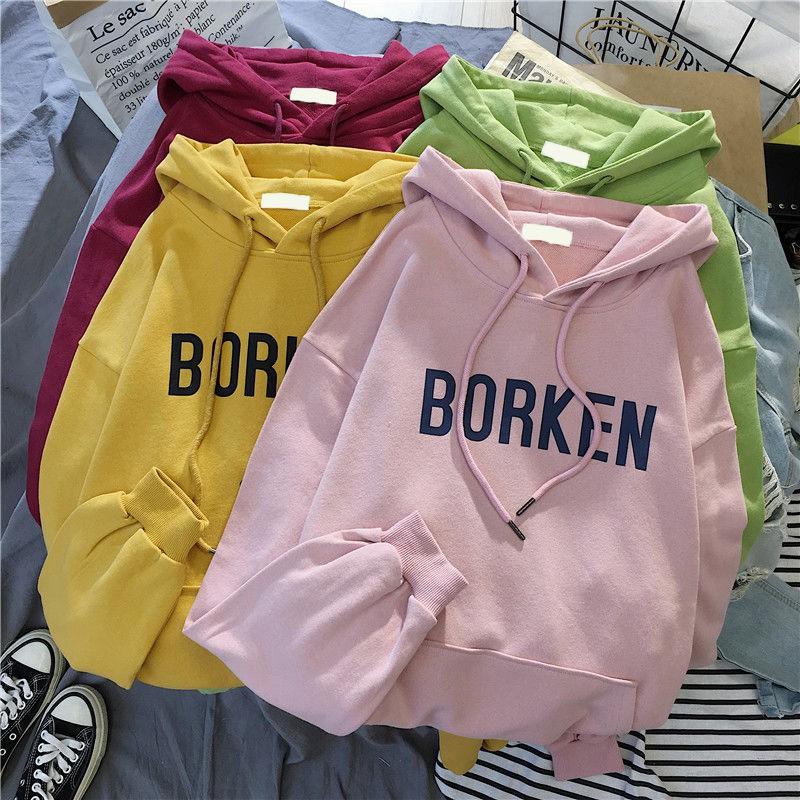 Womens Hoodie Ins Style Long Sleeve Loose Fit Student Fleece Lined Sweatshirt