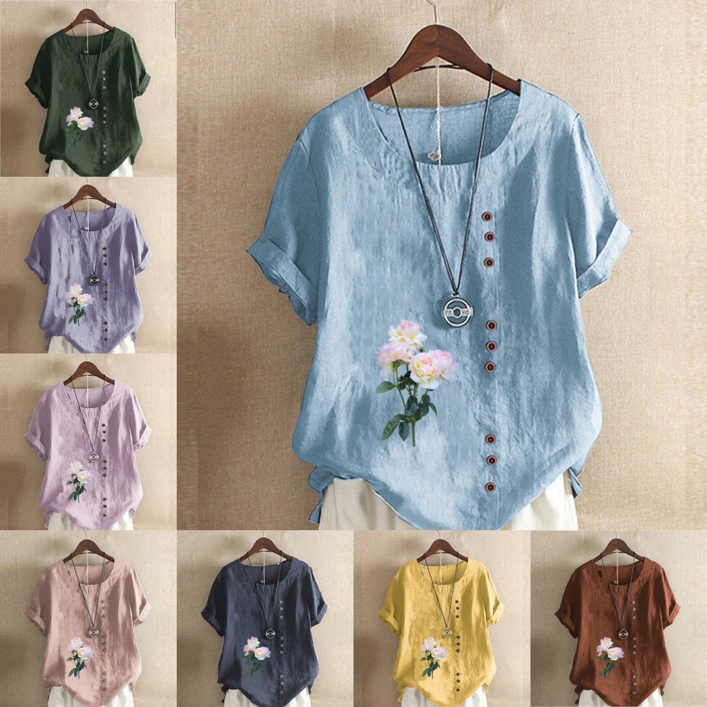 Женская модная футболка с коротким рукавом с цветочным принтом, свободная хлопковая рубашка, повседневная свободная летняя блузка, топы больших размеров