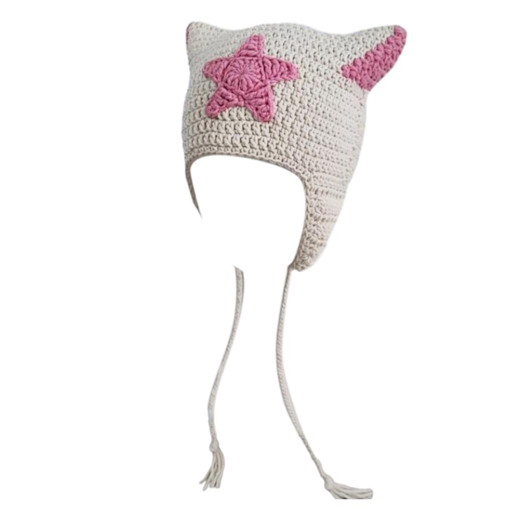 Cat Ear Beanie Hat for Women Harajuku Style Star/Stripe Skull Hat Handmade Crochet Hat Y2K Cool Girls Warm Headpieces