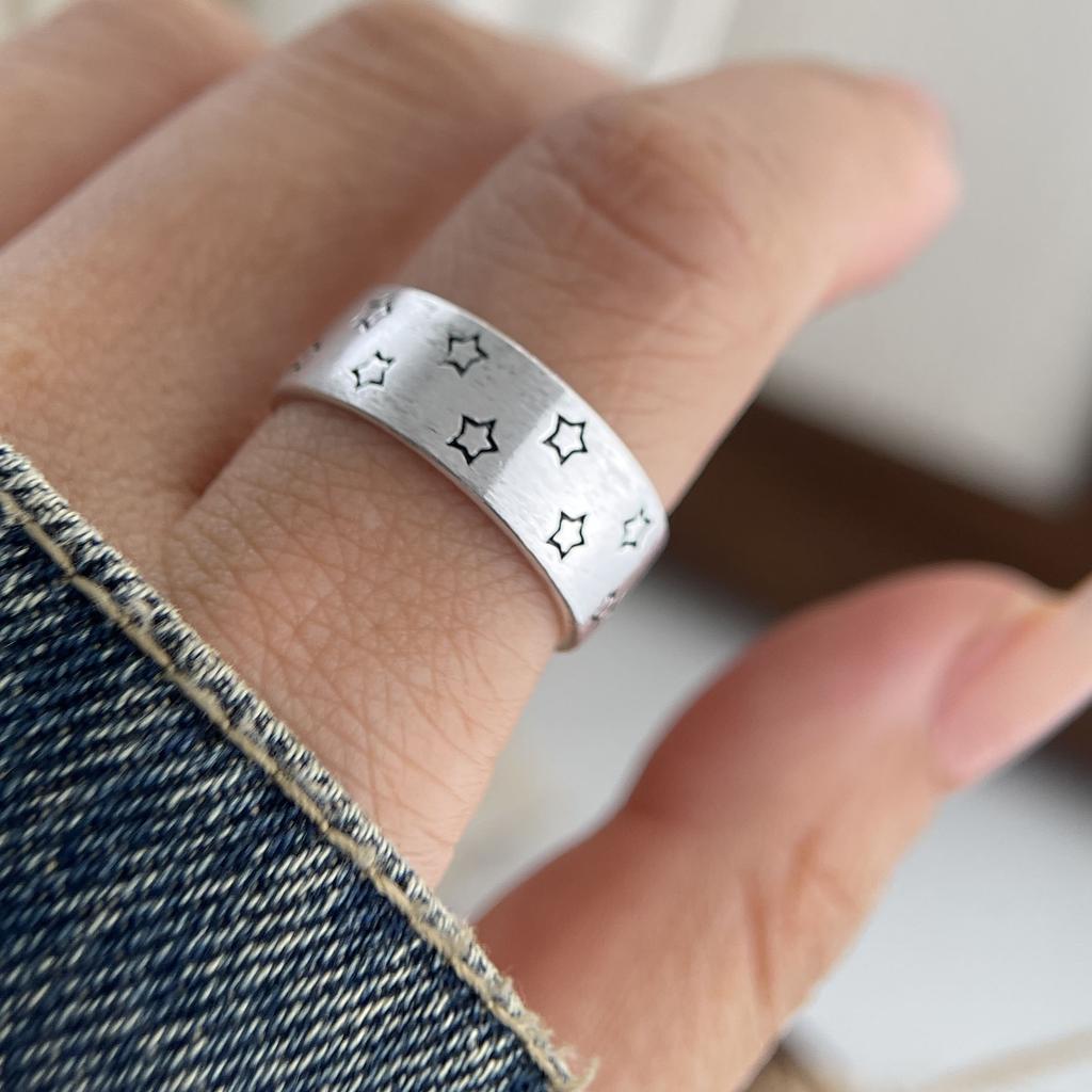 925 Sterling Silver Rings for Women Couple Minimalist Handmade Simple Wide Star Ring Fine Jewelry Gift Prevent Allergy