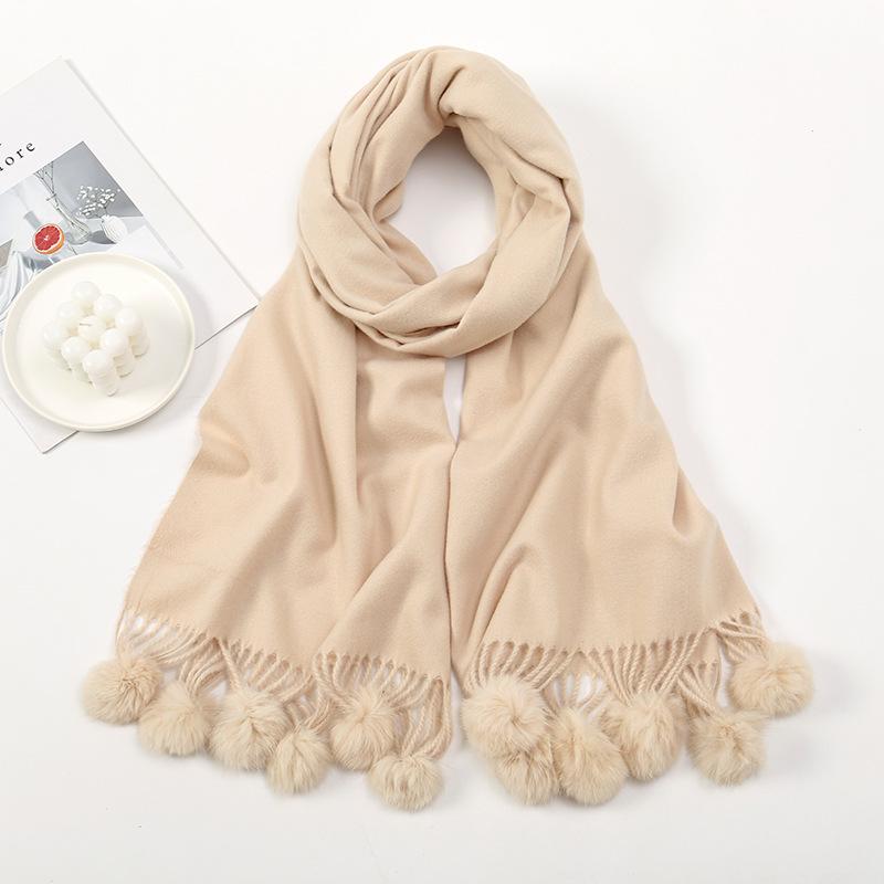 Fashion Winter Thick Blanket Cashmere Shawl Scarf With Rabbit Fur Pom Pom Tassel Warm Pashmina Poncho Echarpe Foulards 190*70Cm