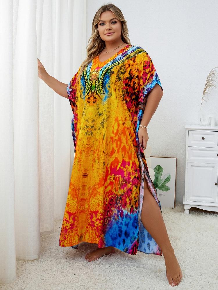 EDOLYNSA Желтый кафтан, женское богемное длинное платье больших размеров, свободное платье Moo Moo, дышащий купальный костюм для отдыха и отпуска, накидка Q1415