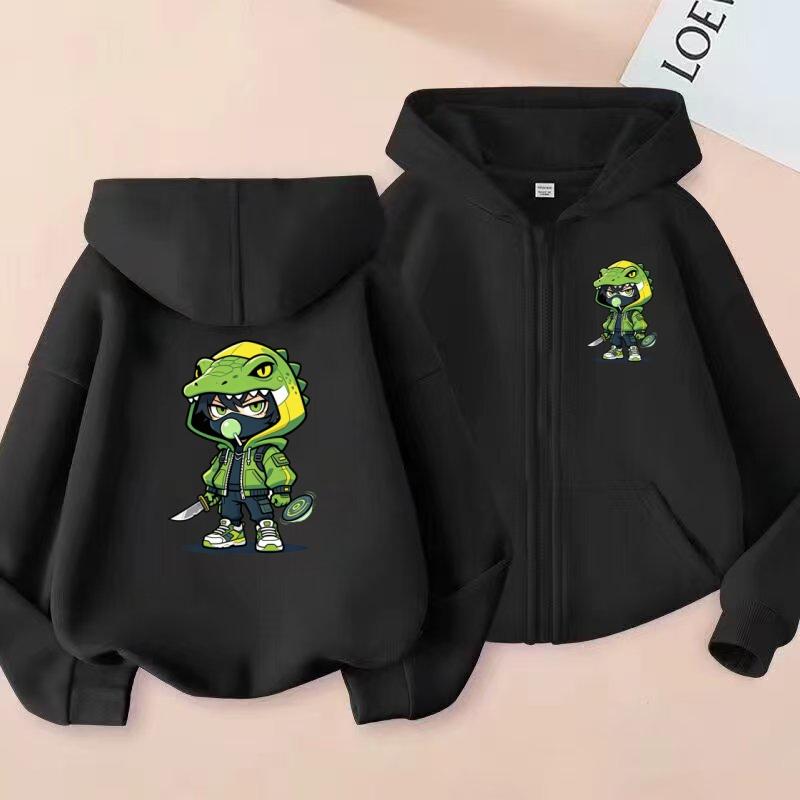 2026 New Style Children's Sporty Zippered Hooded Sweatshirt Casual Jacket with Cartoon Lizard Pattern for Ages 3 to 12