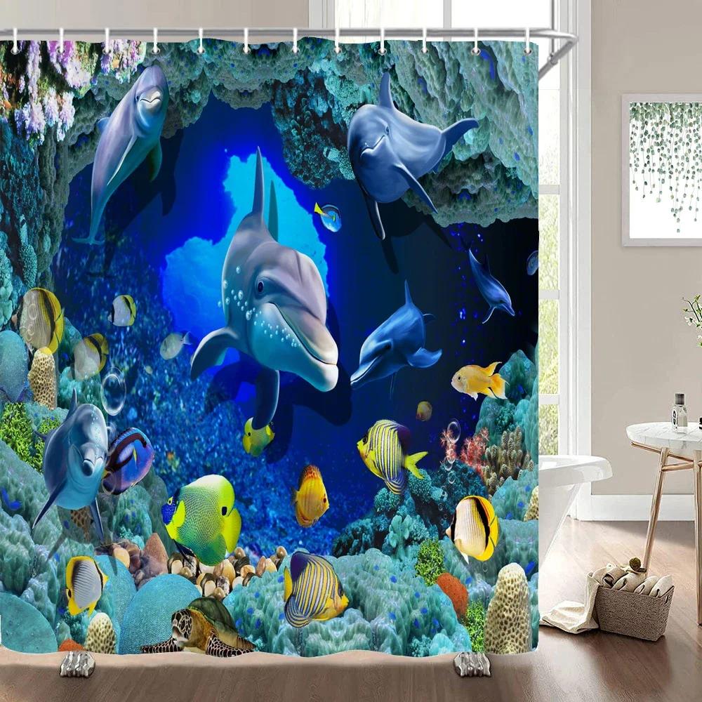 Подводный мир Рыба Черепаха 3d Шторки для душа Океан Дельфин Морской пейзаж Ткань Водонепроницаемая Занавеска для ванны Декор для ванной комнаты Экран