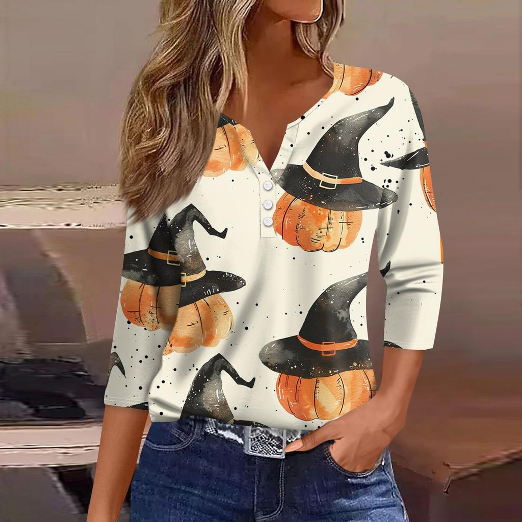 Жен. Футболка Футболка С принтом Пуговицы Рукав 3/4 Повседневные Выходные Мода Классический V-образный вырез Обычный Топ