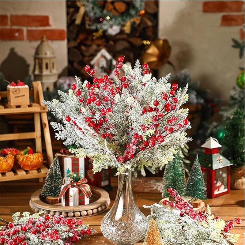 49cm Pine Needle Christmas Tree Hanging Ornament Artificial Red Berry Branch Plant Wreath Accessories for Home New Year Decor