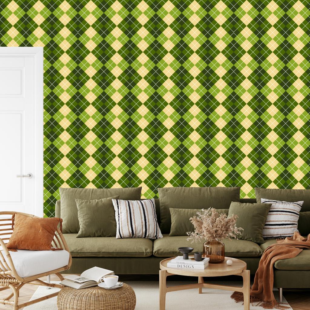 Green Olive and Lime Checkered Wallpaper for Living Room and Bedroom 50x1000