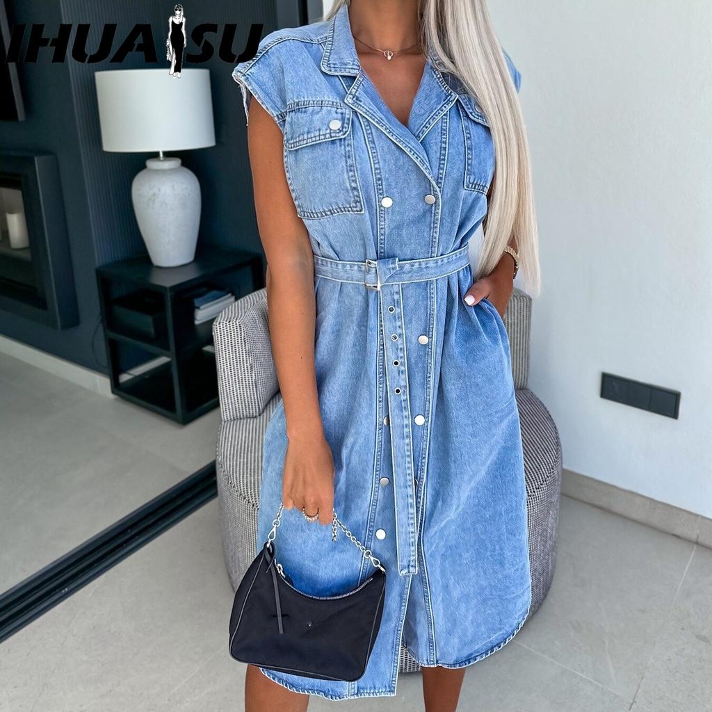 IHUASU Women's Casual Lapel Sleeveless Nail Buckle Open Chest Waist Lace-up Denim Dress