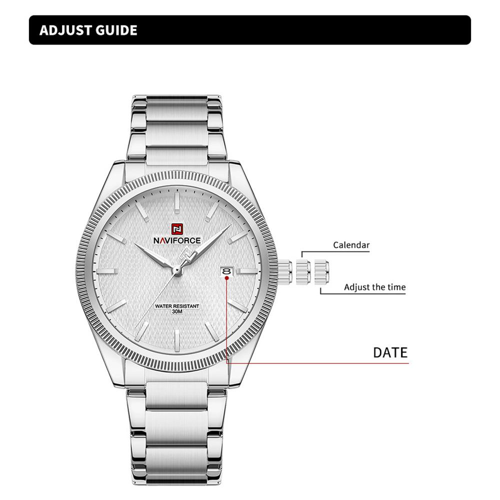 Naviforce Оригинальные простые мужские часы с календарем, кварцевый механизм, люминесцентные стрелки, водонепроницаемость 3 АТМ, ремешок из нержавеющей стали, мужские часы NF9276S