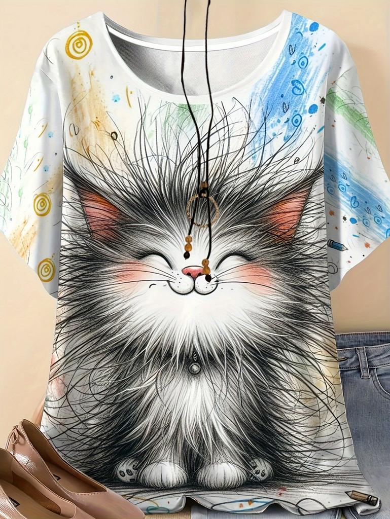 Vintage Women's Summer T-Shirt Anime Cat Graphics O-Neck Short Sleeve T-Shirts Female Streetwear Casual Oversized Woman Clothes