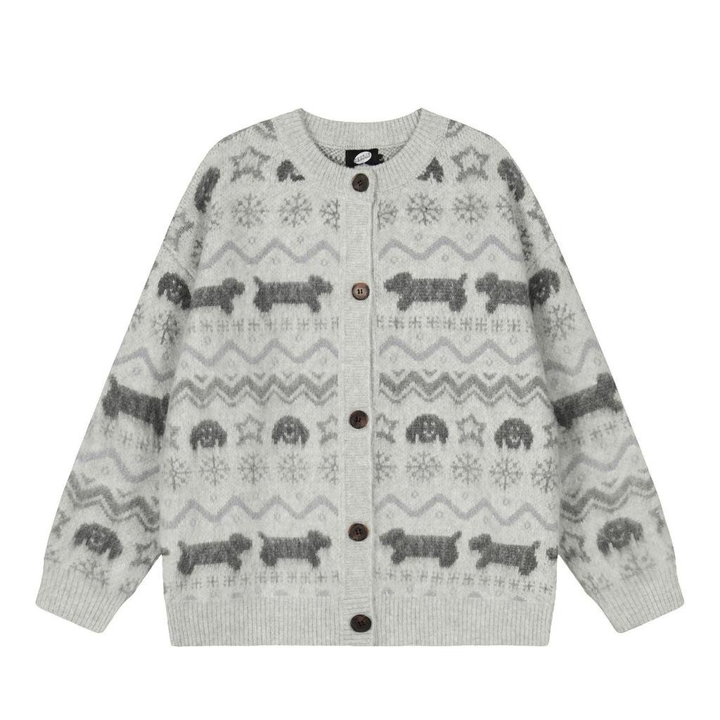 DRIPX Round neck knitted cardigan for women, sweater with small dog pattern, top with long sleeves, for autumn and winter