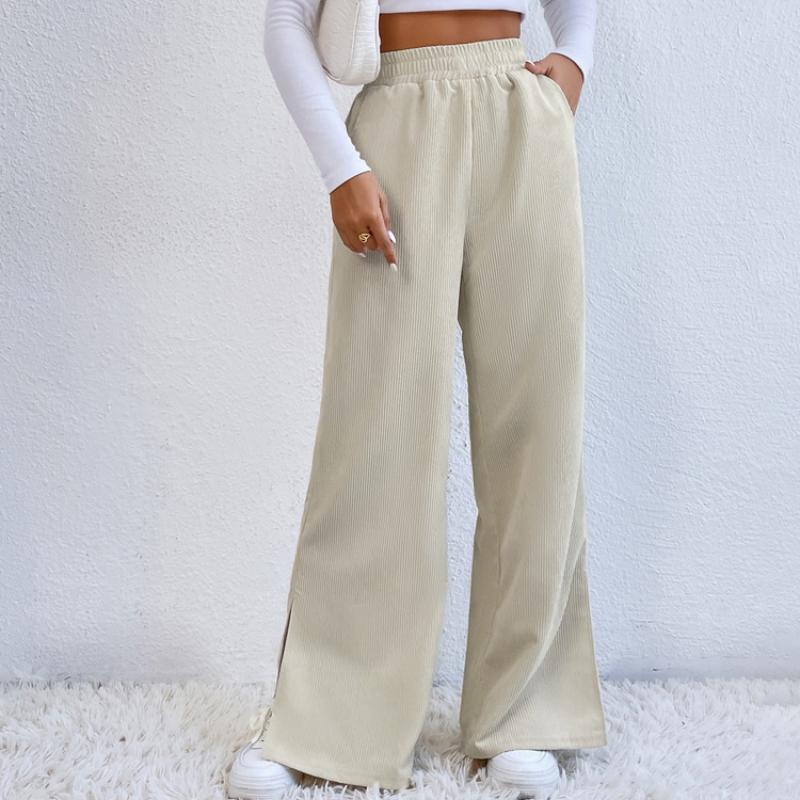 Модные осенние свободные брюки с разрезами, женские однотонные брюки с карманами и высокой талией, повседневные прямые брюки с широкими штанинами