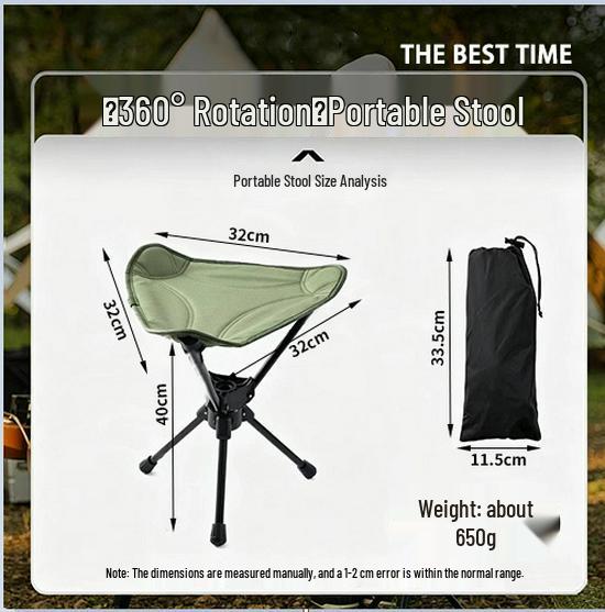 360° Rotating Folding Tripod Stool - Portable, Durable, and Compact for Hiking, Camping, and Fishing.
