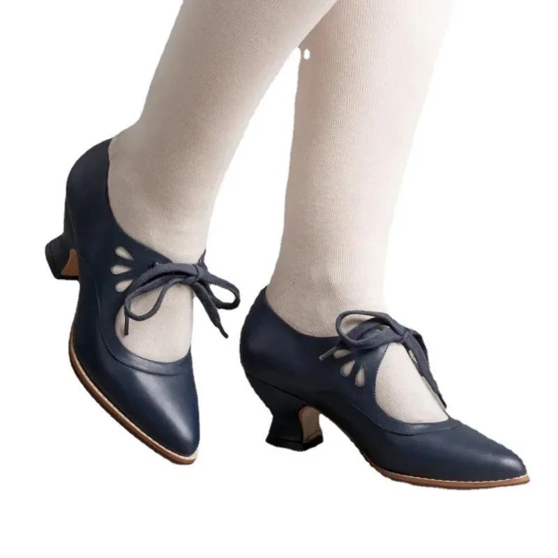 2024 2024 Женские туфли-лодочки Mary Jane Shoes Европейские и американские новые элегантные туфли на низком каблуке со шнуровкой Большие женские туфли 2024 Весна