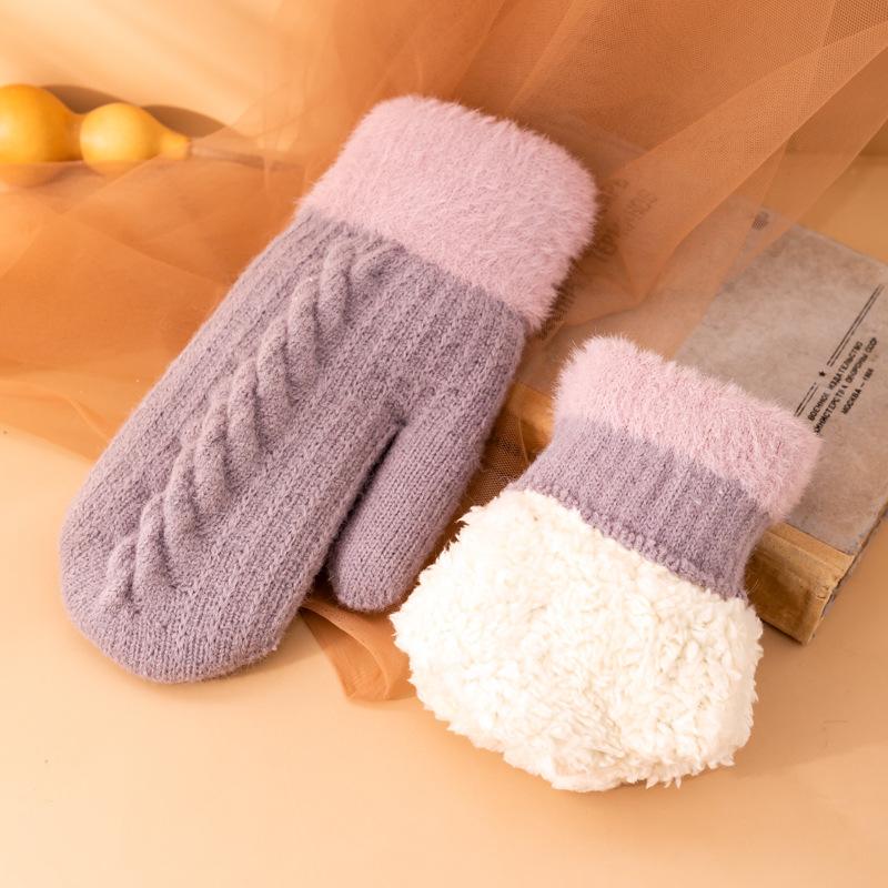 Winter Women Keep Warm Plus Velvet Wrist Thicken Jacquard Twist Wool Knitting Gloves Full Finger Cycling Drive Cute Mittens