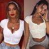 Fashion Sexy Women Short Sleeve Crop Top Button Vest Halter Casual White Tank Tops Blouse Short Shirt