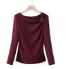 Fashion Large Size Long Sleeve New Oblique Neck T-Shirt Bottom Slim Top Women