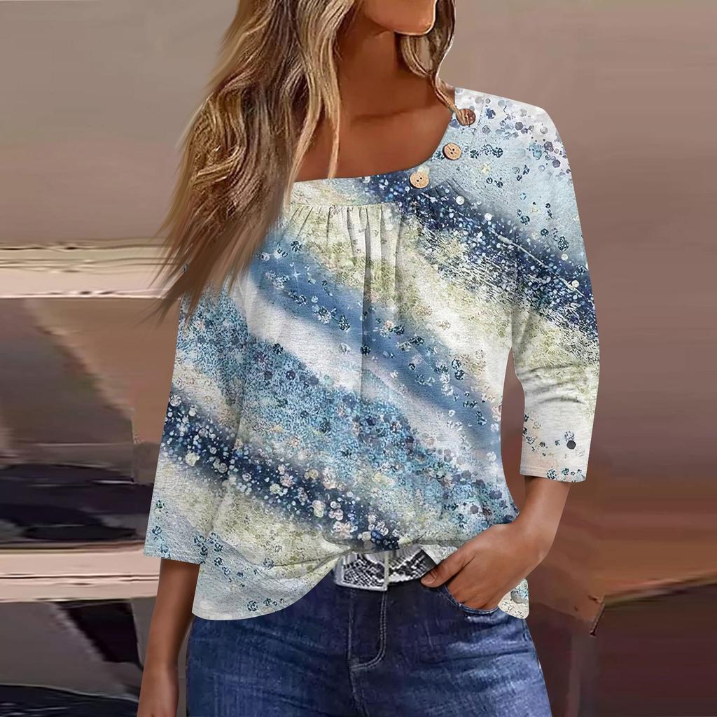 Жен. Футболка Футболка С принтом Пуговицы Рукав 3/4 Повседневные Выходные Мода Классический Классический Верх