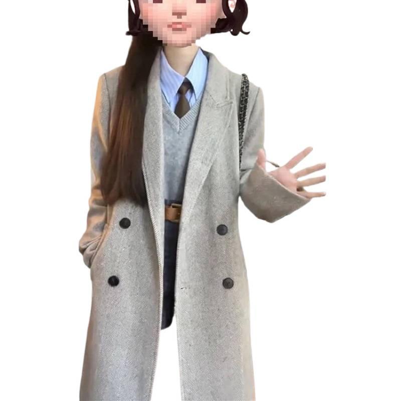 Пальто женское шерстяное серое в елочку осенне-зимнее новое шерстяное пальто